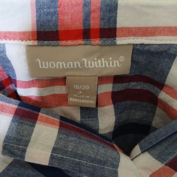 Women Within Top Size L 18/20 Color Red White Blue Plaid - Picture 6 of 8